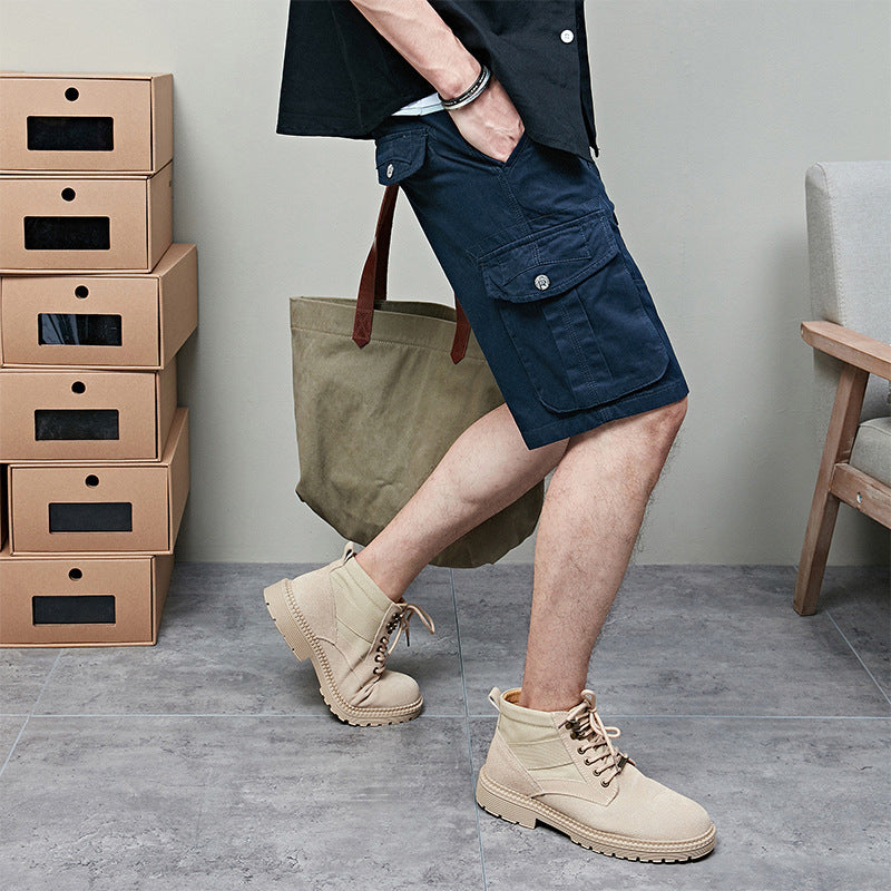 Solid Cotton Multi-pocket Men's Shorts
