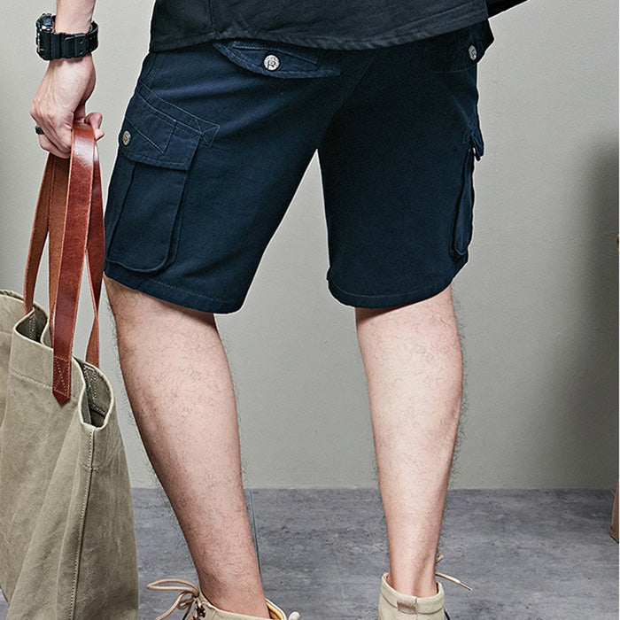 Solid Cotton Multi-pocket Men's Shorts