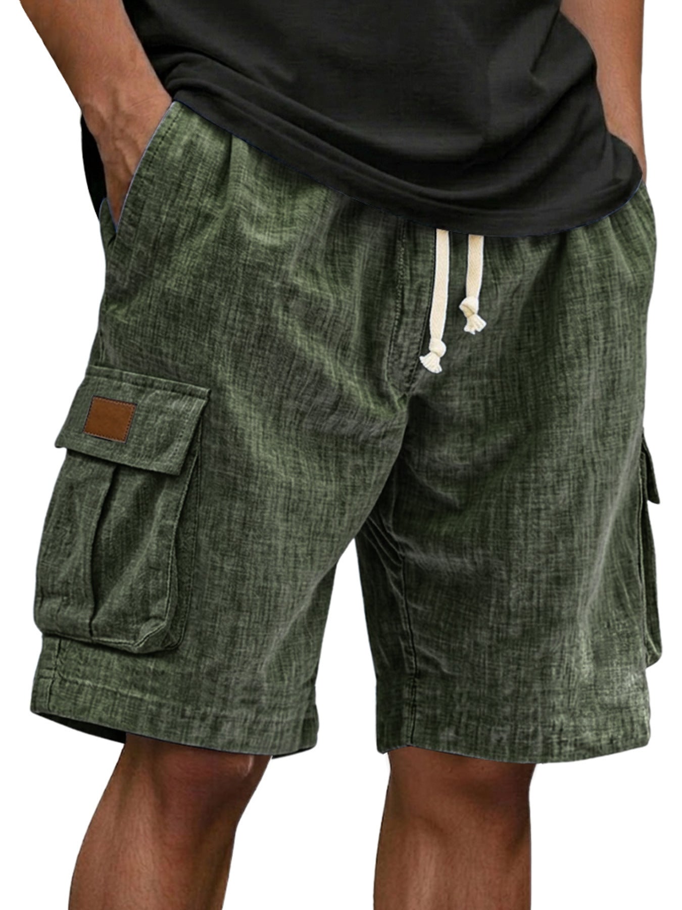 Men's Drawstring Elastic Waist Multi Pocket Linen Shorts
