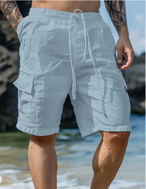 Men's Solid Color Cotton And Linen Drawstring Shorts