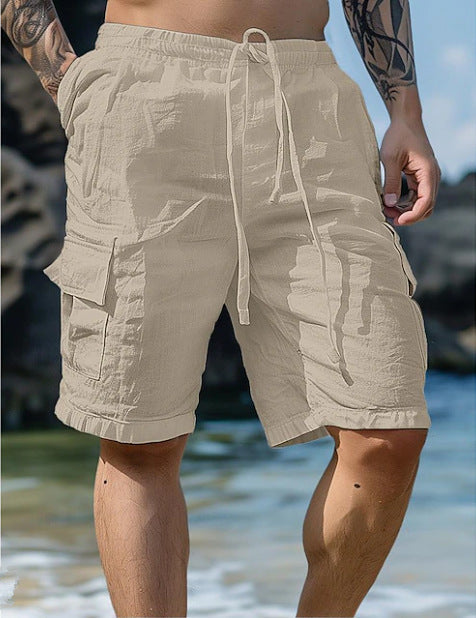 Men's Solid Color Cotton And Linen Drawstring Shorts