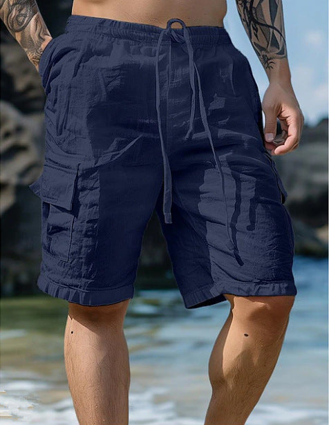 Men's Solid Color Cotton And Linen Drawstring Shorts