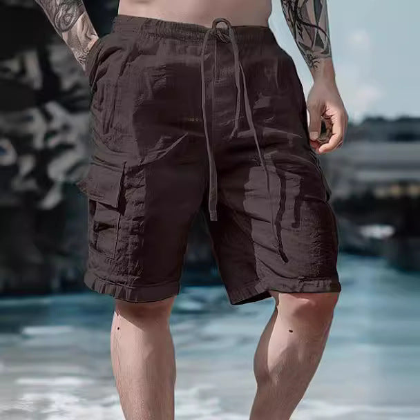 Men's Solid Color Cotton And Linen Drawstring Shorts