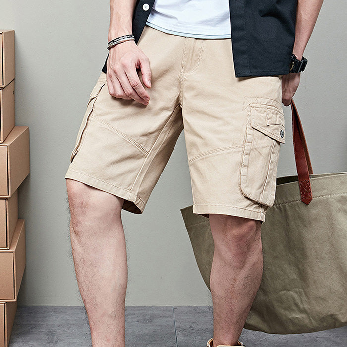 Solid Cotton Multi-pocket Men's Shorts