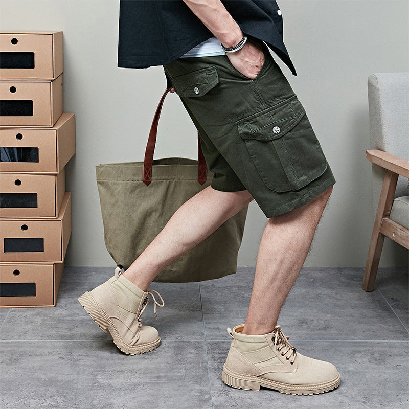 Solid Cotton Multi-pocket Men's Shorts