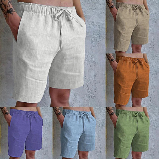 Men's Summer Drawstring Elastic Waist Plain Comfort Linen Short