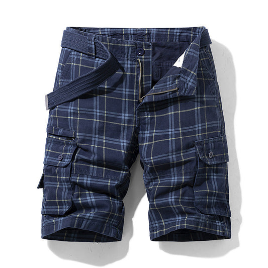 Slim Multi-pocket Cotton Lattice Printed Men's Shorts
