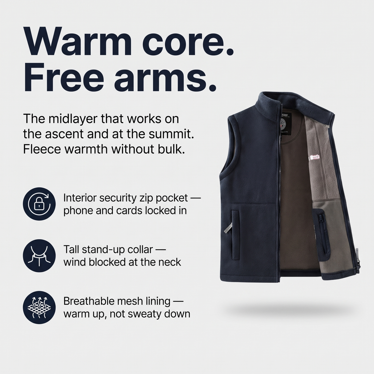 Men's Fleece Vest - Stand Collar Fleece Vest for Walking & Hiking