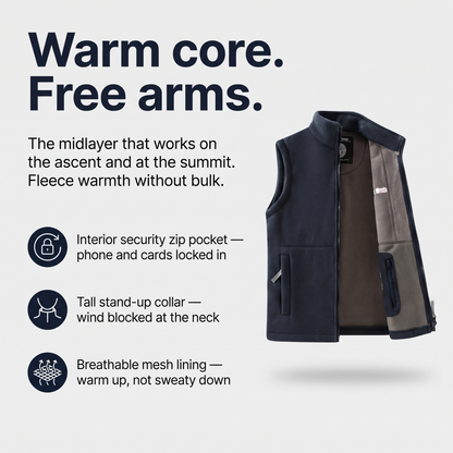 Men's Fleece Vest - Stand Collar Fleece Vest for Walking & Hiking