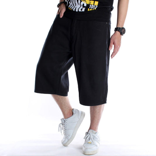 Plus Size Black Denim Loose Men's Shorts