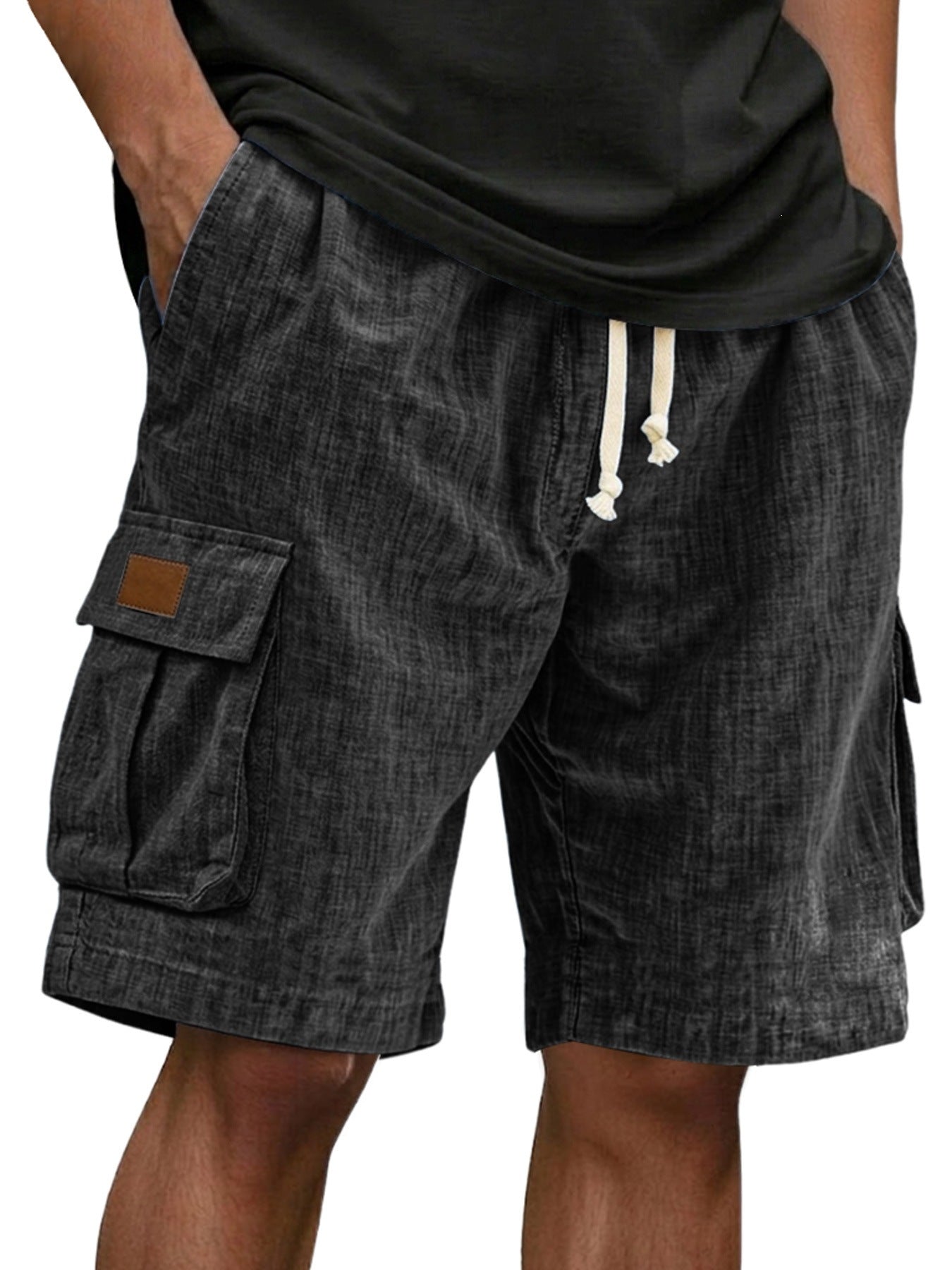 Men's Drawstring Elastic Waist Multi Pocket Linen Shorts