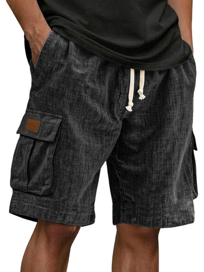 Men's Drawstring Elastic Waist Multi Pocket Linen Shorts