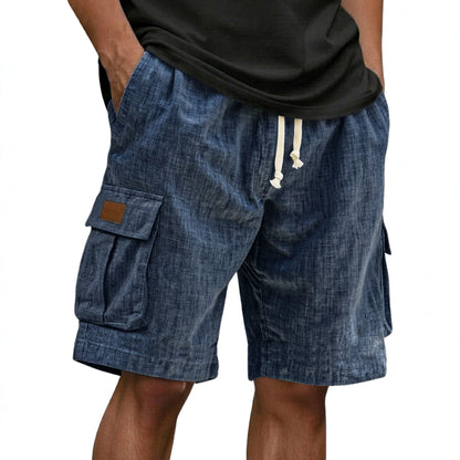 Men's Drawstring Elastic Waist Multi Pocket Linen Shorts