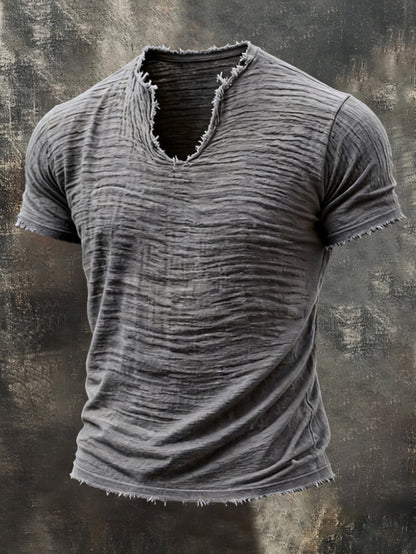 Men's Textured V-Neck Cotton Tee – Relaxed Fit Vintage Summer T-Shirt