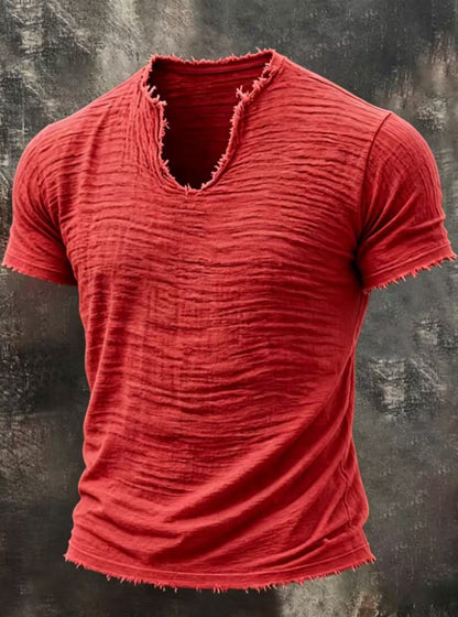 Men's Textured V-Neck Cotton Tee – Relaxed Fit Vintage Summer T-Shirt