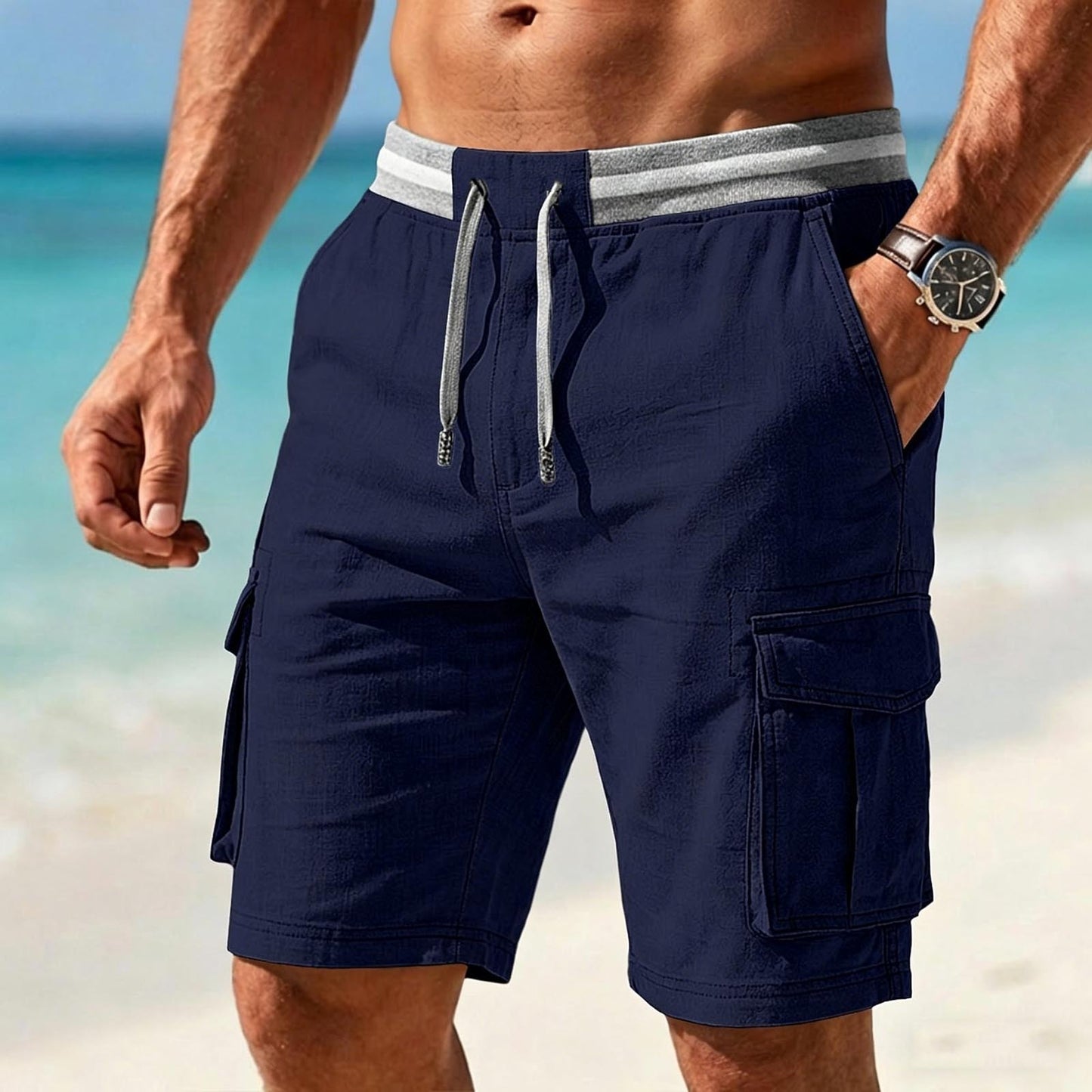 Men's Cotton And Linen Elastic Waist Drawstring Cargo Shorts