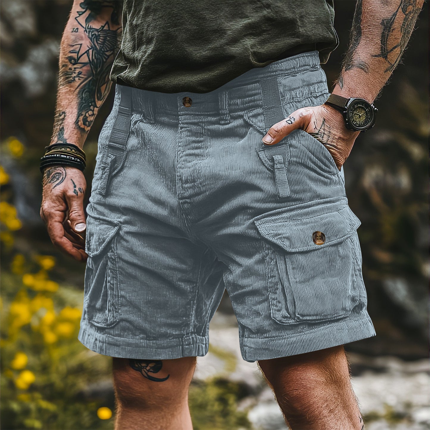Kangoo Men's Multi-Pocket Corduroy Cargo Shorts