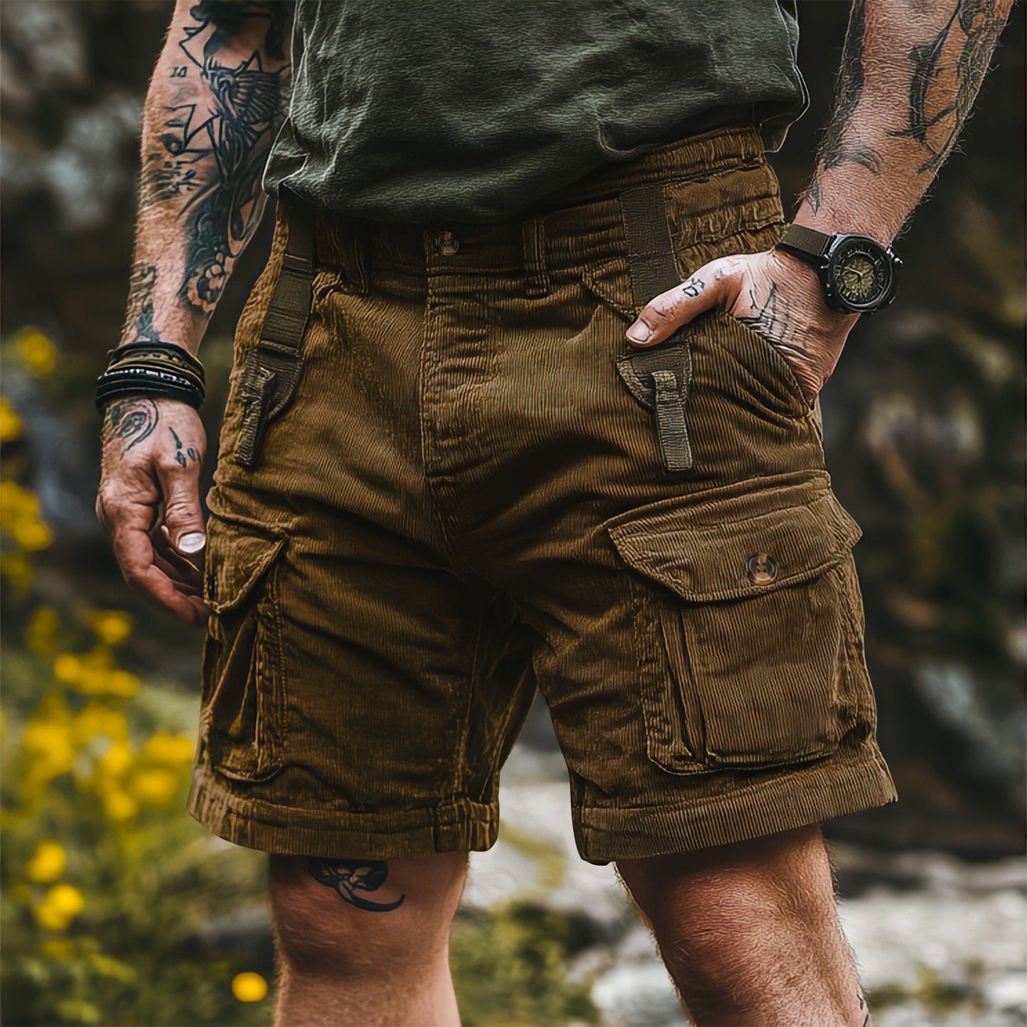 Kangoo Men's Multi-Pocket Corduroy Cargo Shorts