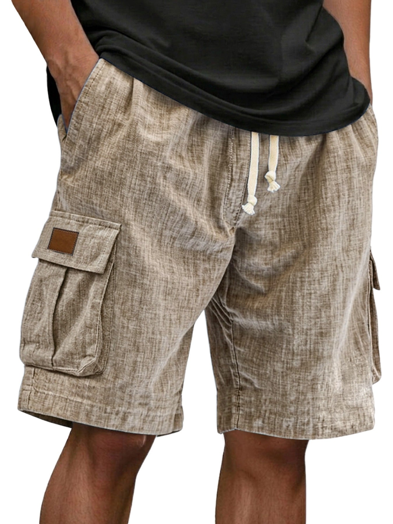 Men's Drawstring Elastic Waist Multi Pocket Linen Shorts