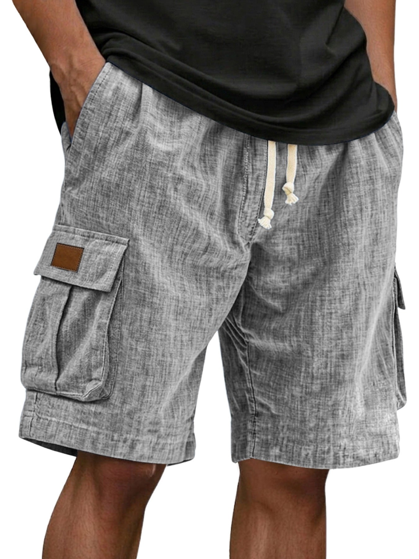 Men's Drawstring Elastic Waist Multi Pocket Linen Shorts