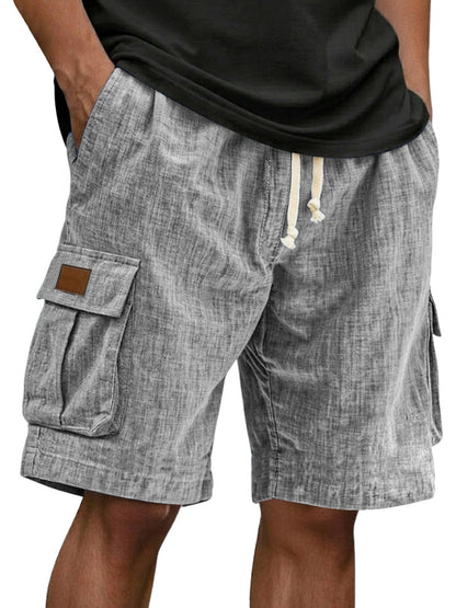 Men's Drawstring Elastic Waist Multi Pocket Linen Shorts