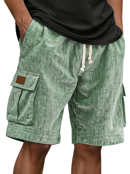 Men's Drawstring Elastic Waist Multi Pocket Linen Shorts