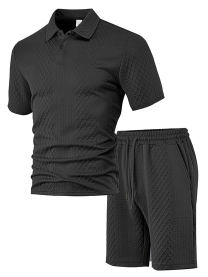 Men’s Breathable Textured Polo Shorts Set – Lightweight Summer Comfort Fit