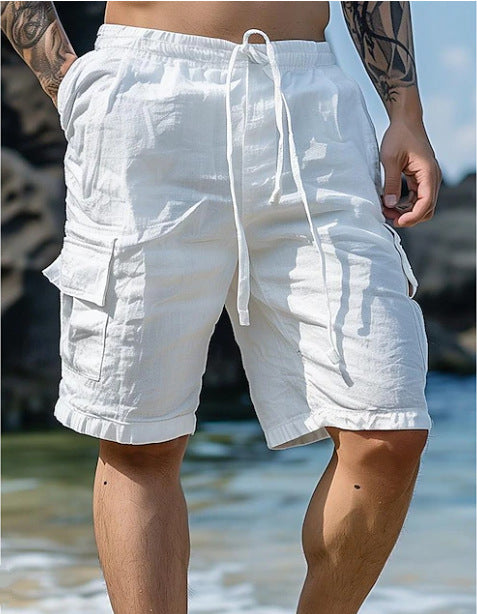 Men's Solid Color Cotton And Linen Drawstring Shorts