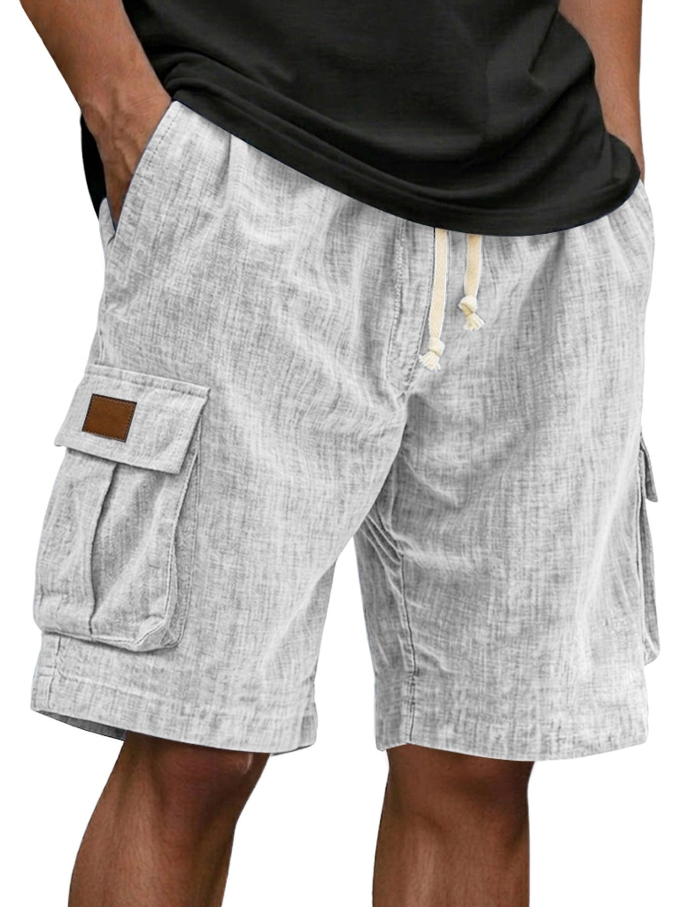 Men's Drawstring Elastic Waist Multi Pocket Linen Shorts