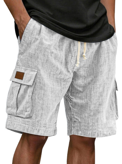Men's Drawstring Elastic Waist Multi Pocket Linen Shorts