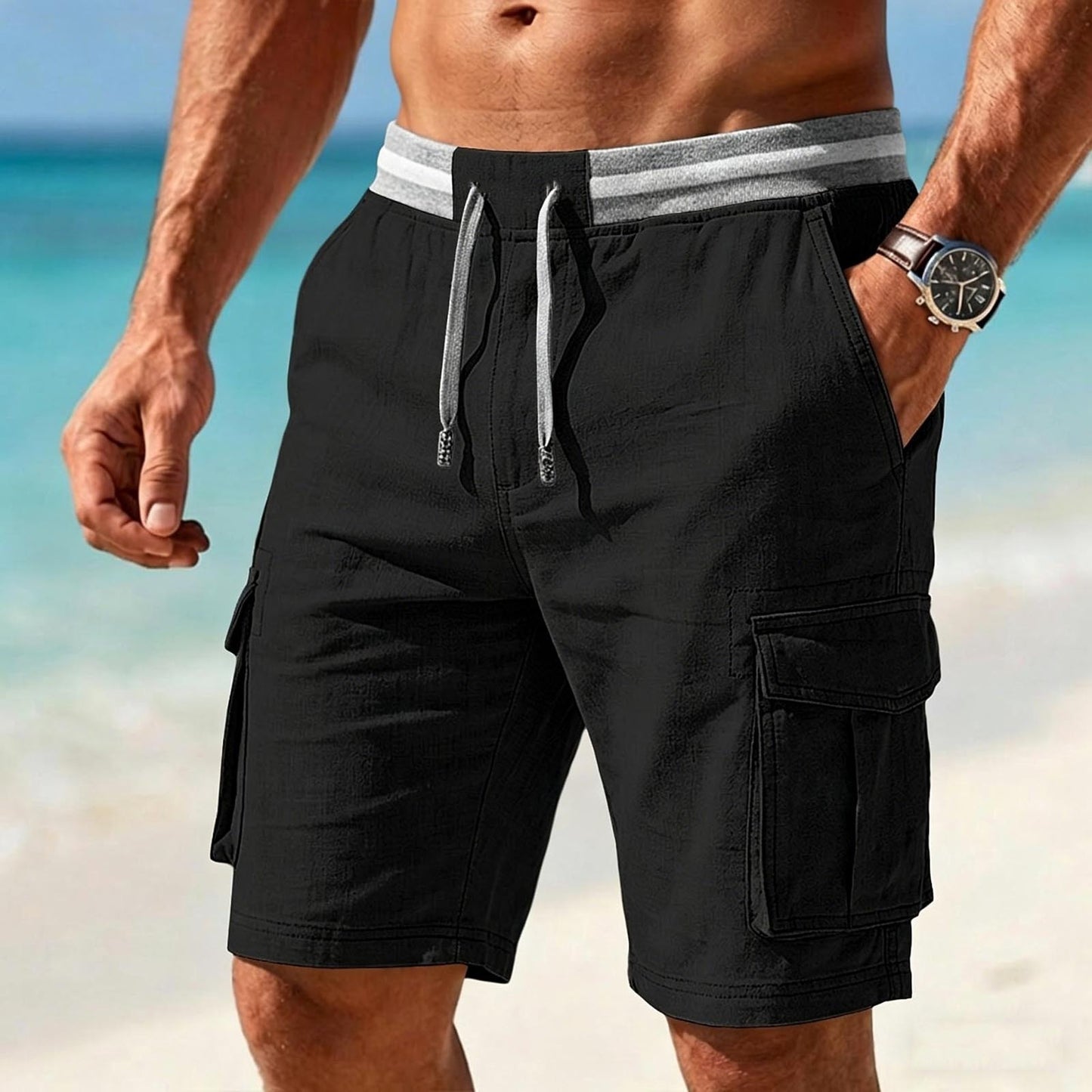 Men's Cotton And Linen Elastic Waist Drawstring Cargo Shorts