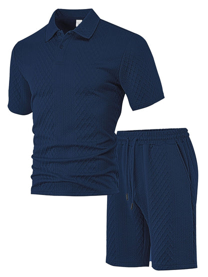 Men’s Breathable Textured Polo Shorts Set – Lightweight Summer Comfort Fit