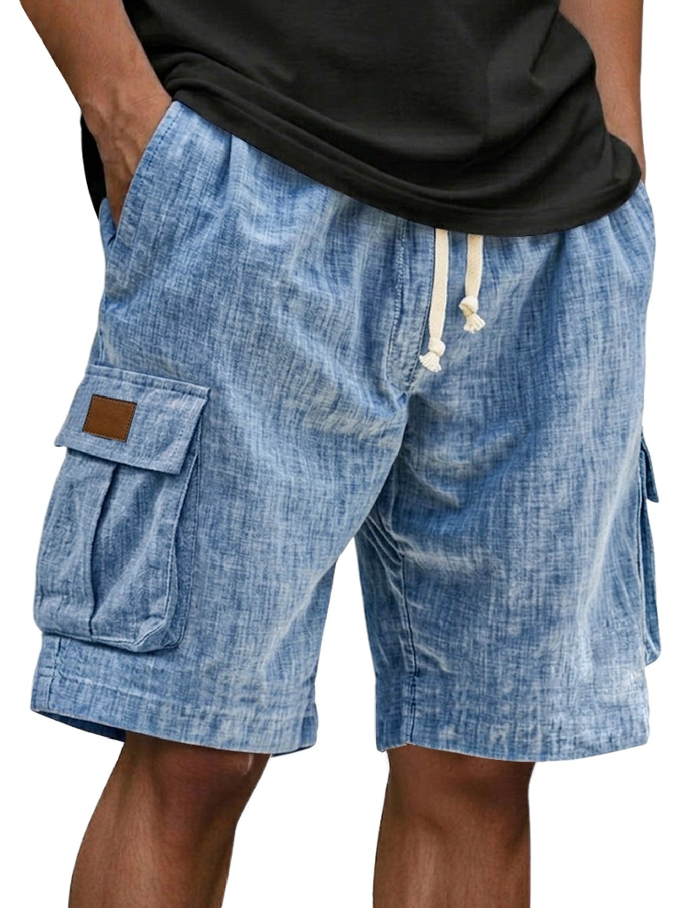 Men's Drawstring Elastic Waist Multi Pocket Linen Shorts