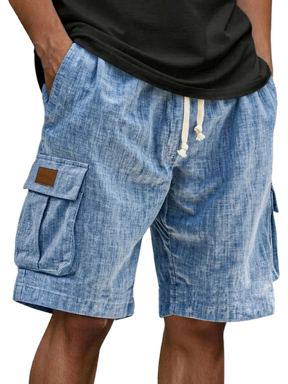 Men's Drawstring Elastic Waist Multi Pocket Linen Shorts