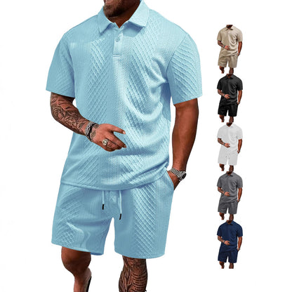 Men’s Breathable Textured Polo Shorts Set – Lightweight Summer Comfort Fit