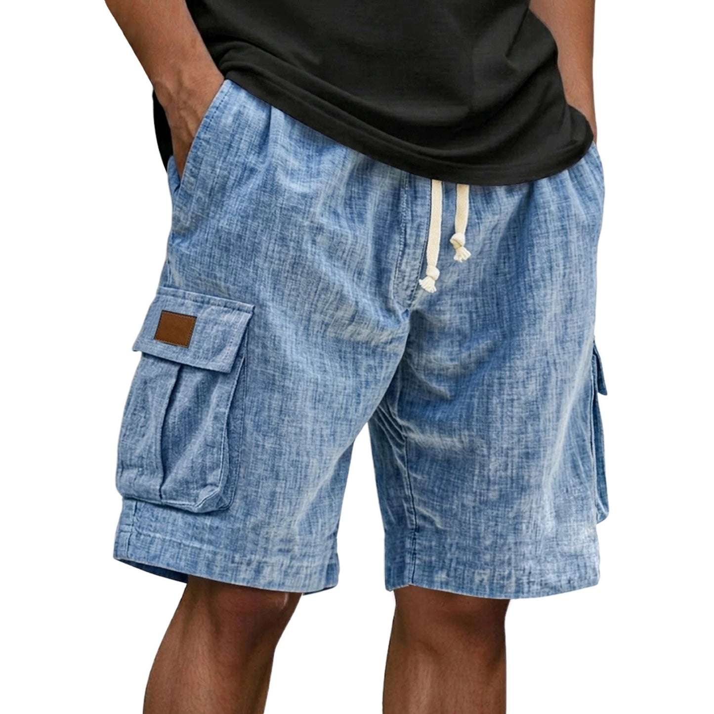 Men's Drawstring Elastic Waist Multi Pocket Linen Shorts