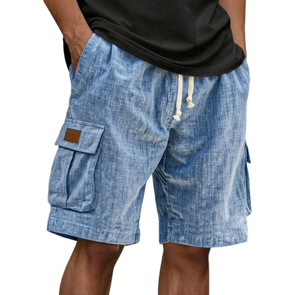 Men's Drawstring Elastic Waist Multi Pocket Linen Shorts