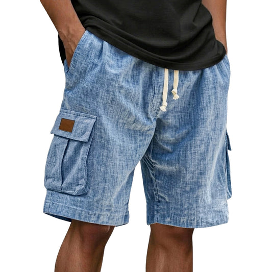 Men's Drawstring Elastic Waist Multi Pocket Linen Shorts