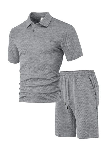 Men’s Breathable Textured Polo Shorts Set – Lightweight Summer Comfort Fit