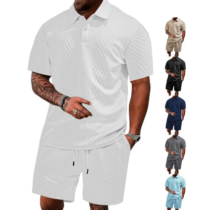 Men’s Breathable Textured Polo Shorts Set – Lightweight Summer Comfort Fit