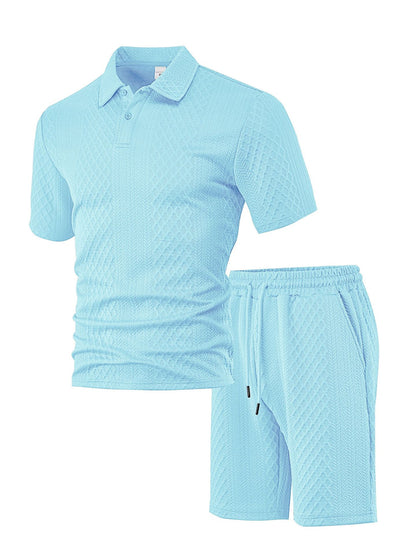 Men’s Breathable Textured Polo Shorts Set – Lightweight Summer Comfort Fit