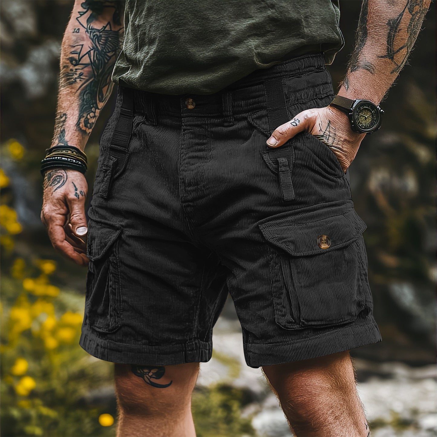 Kangoo Men's Multi-Pocket Corduroy Cargo Shorts