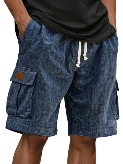 Men's Drawstring Elastic Waist Multi Pocket Linen Shorts
