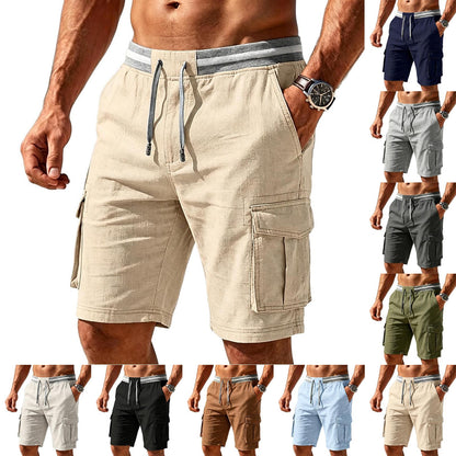Men's Cotton And Linen Elastic Waist Drawstring Cargo Shorts