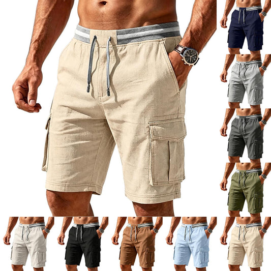 Men's Cotton And Linen Elastic Waist Drawstring Cargo Shorts