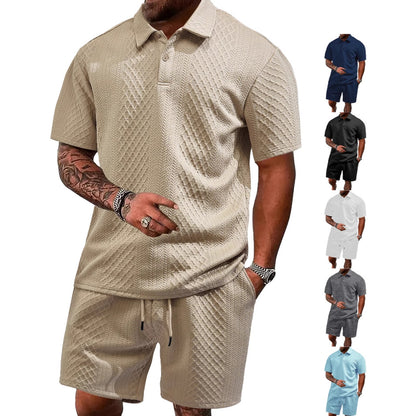 Men’s Breathable Textured Polo Shorts Set – Lightweight Summer Comfort Fit