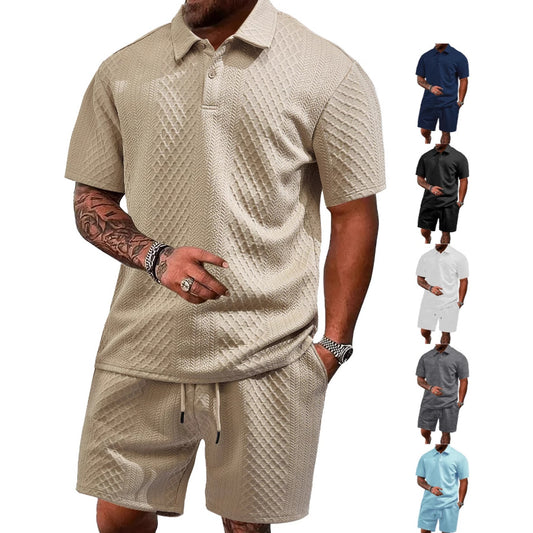 Men’s Breathable Textured Polo Shorts Set – Lightweight Summer Comfort Fit